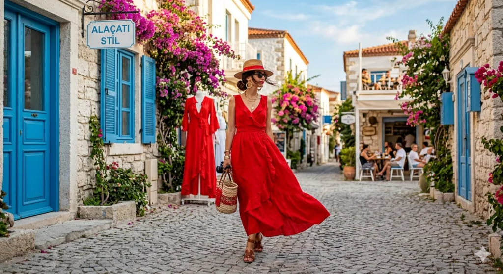 Çeşme’de Modasıyla Büyüleyen Kırmızılı Kadın
